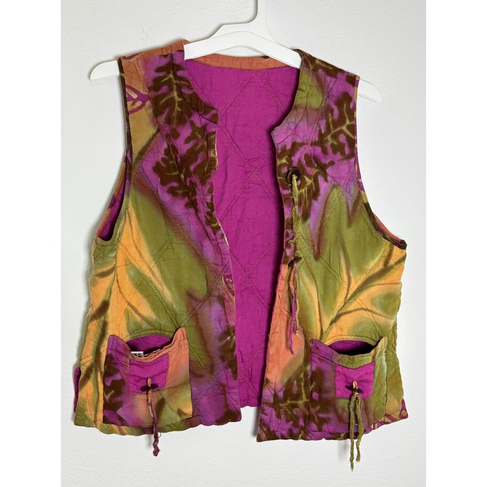 Winter Sun Quilted Tie Dye Batik Leaf Vest Purple Green Boho Ecuador Rayon Small